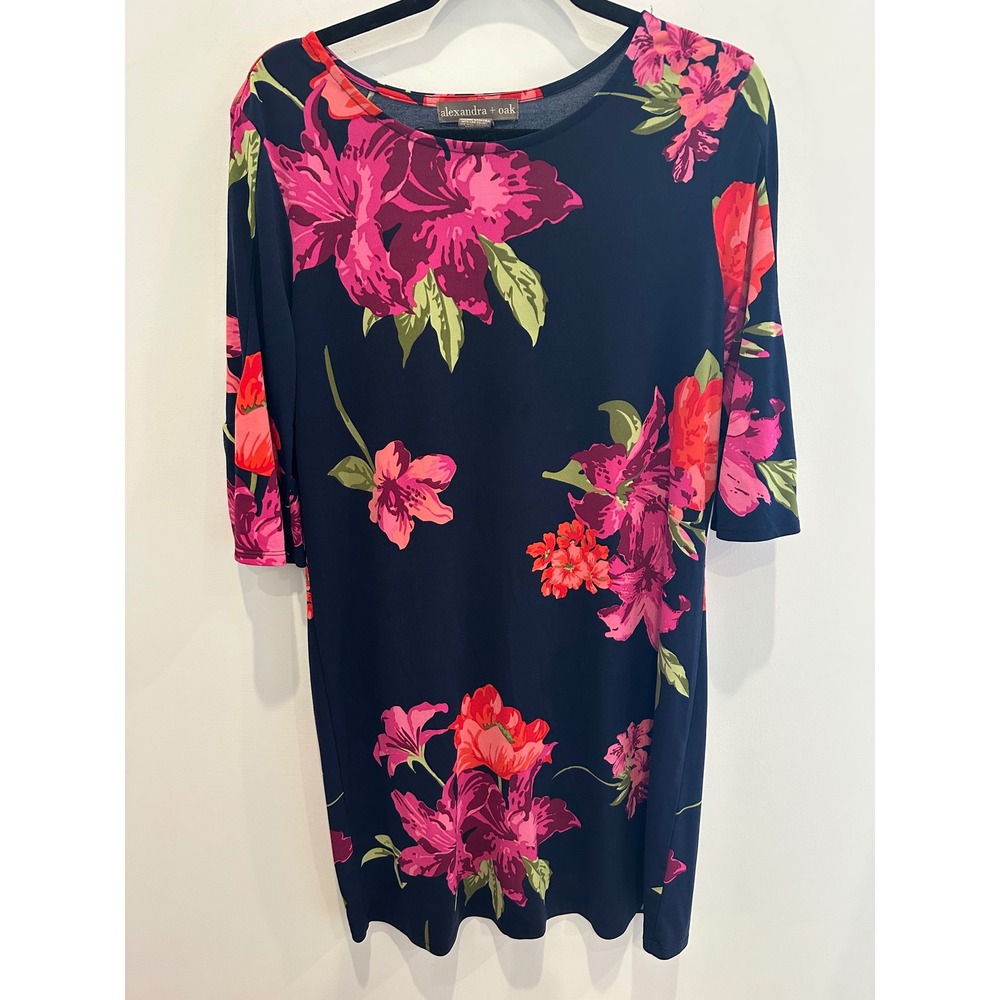 Alexandra + Oak Womens Floral Shift Dress Navy Pink 3/4 Sleeve Large